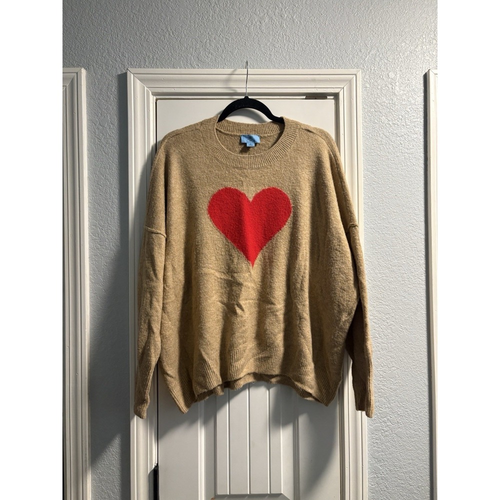 CeCe Heart Sweater Women XL Tan Red Intarsia Crewneck Long Sleeve Pullover